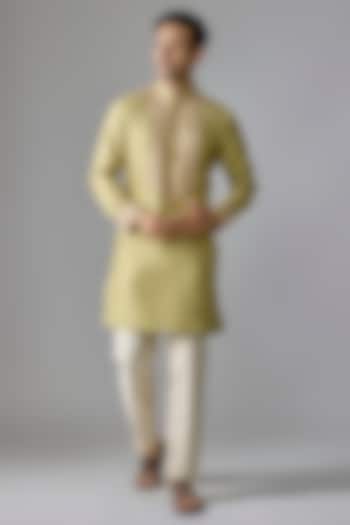 Light Olive Silk Kurta Set by Jayesh and Kaajal Shah Men at Pernia's Pop Up Shop
