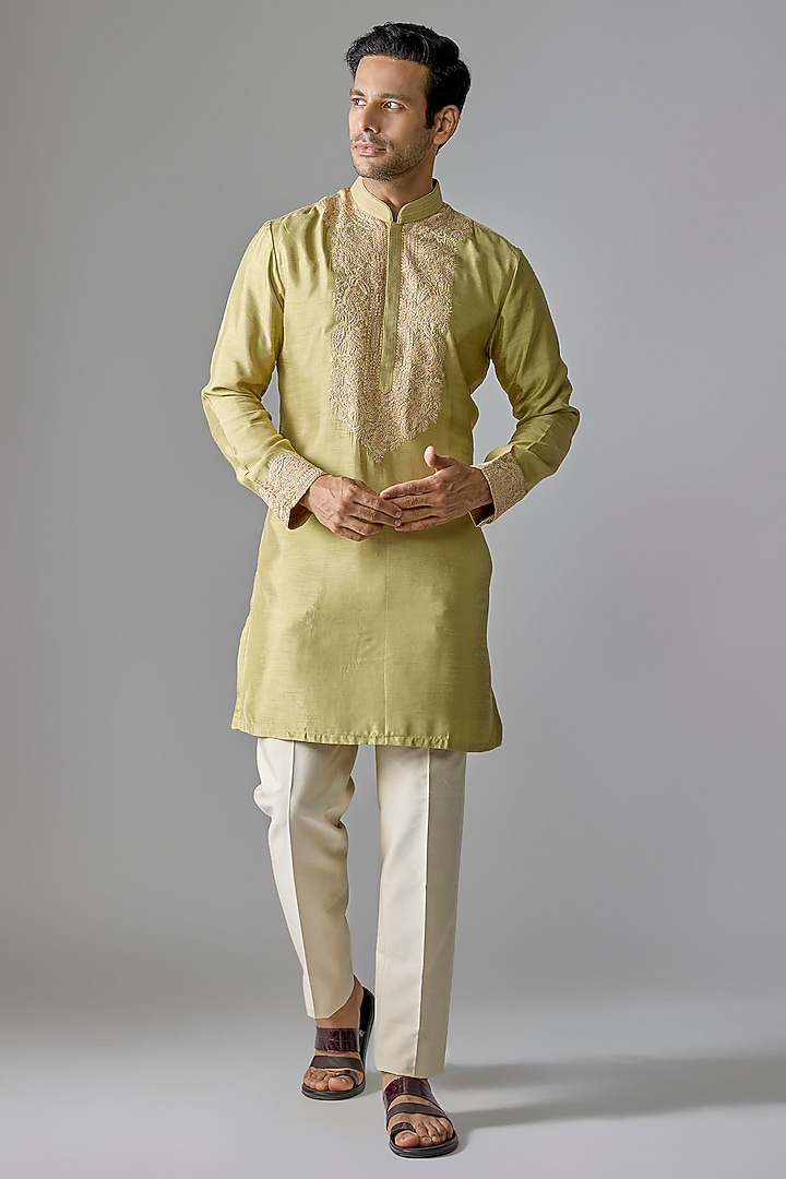 Light Olive Silk Kurta Set by Jayesh and Kaajal Shah Men at Pernia's Pop Up Shop