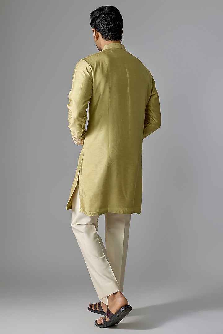 Light Olive Silk Kurta Set by Jayesh and Kaajal Shah Men at Pernia's Pop Up Shop