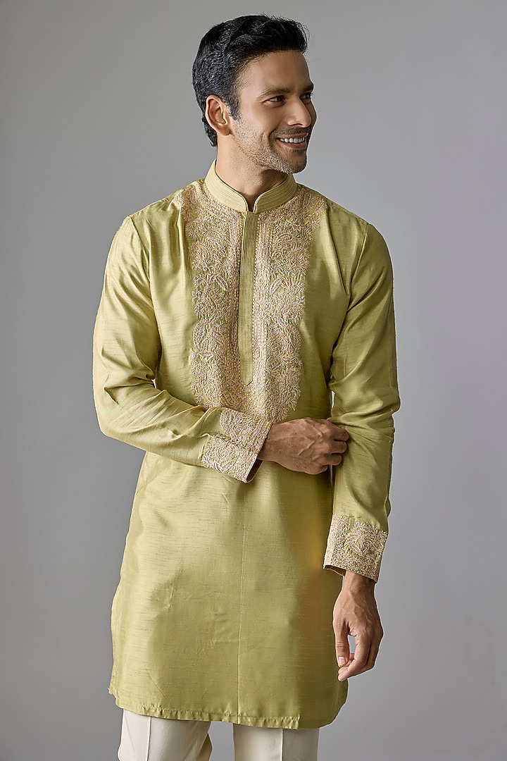 Light Olive Silk Kurta Set by Jayesh and Kaajal Shah Men at Pernia's Pop Up Shop