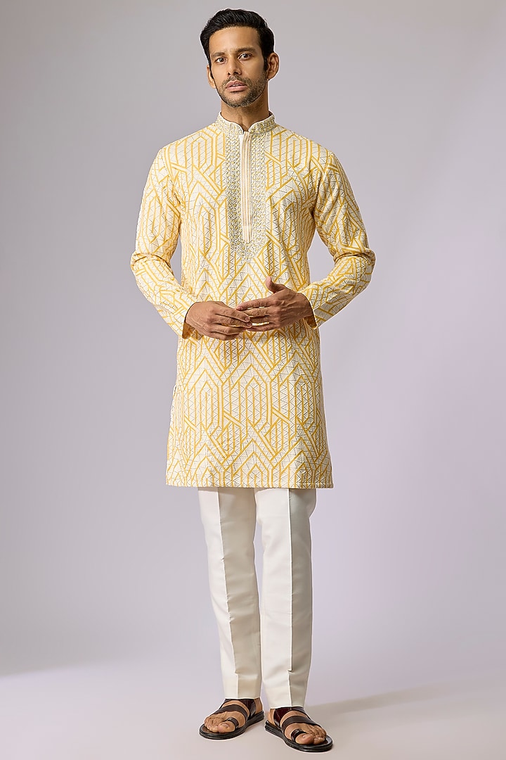 Yellow Silk Kurta Set by Jayesh and Kaajal Shah Men at Pernia's Pop Up Shop