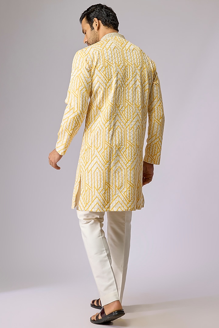Yellow Silk Kurta Set by Jayesh and Kaajal Shah Men at Pernia's Pop Up Shop