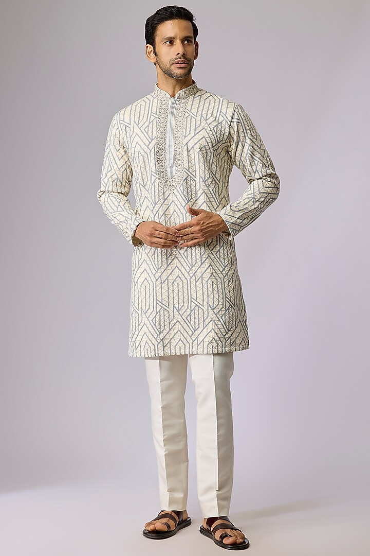 Grey Silk Kurta Set by Jayesh and Kaajal Shah Men at Pernia's Pop Up Shop