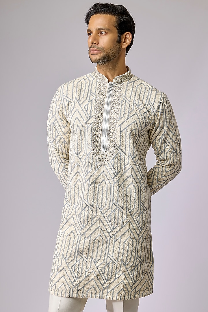 Grey Silk Kurta Set by Jayesh and Kaajal Shah Men at Pernia's Pop Up Shop