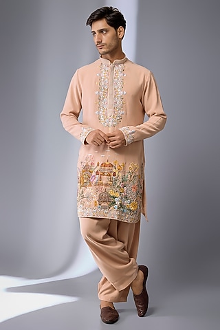 Peach Cotton Blend Kurta Set by Jayesh and Kaajal Shah Men