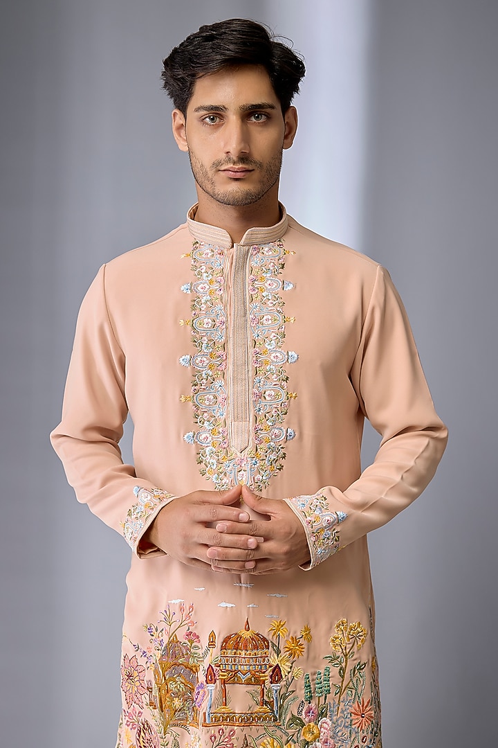 Peach Cotton Blend Kurta Set by Jayesh and Kaajal Shah Men at Pernia's Pop Up Shop