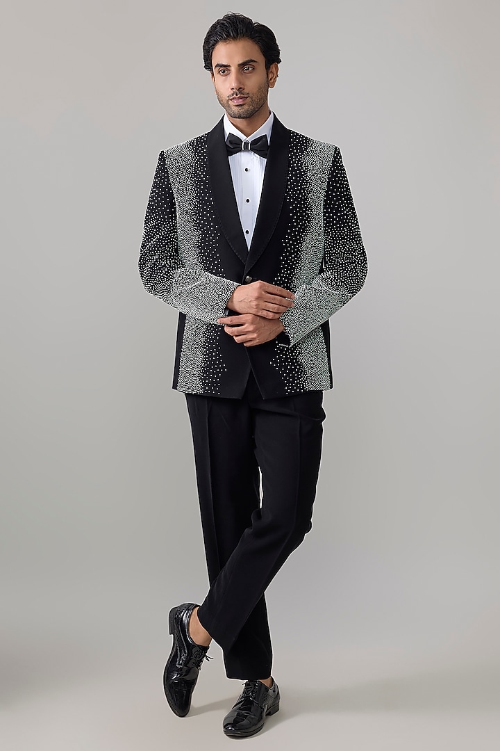 Black Suiting Tuxedo Set by Jayesh and Kaajal Shah Men at Pernia's Pop Up Shop