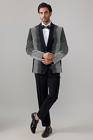 Black Suiting Tuxedo Set by Jayesh and Kaajal Shah Men