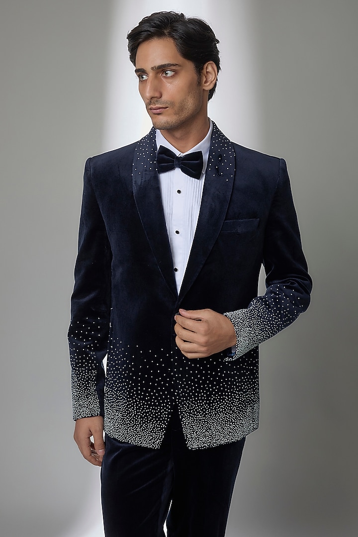Navy Blue Velvet Tuxedo Set by Jayesh and Kaajal Shah Men at Pernia's Pop Up Shop