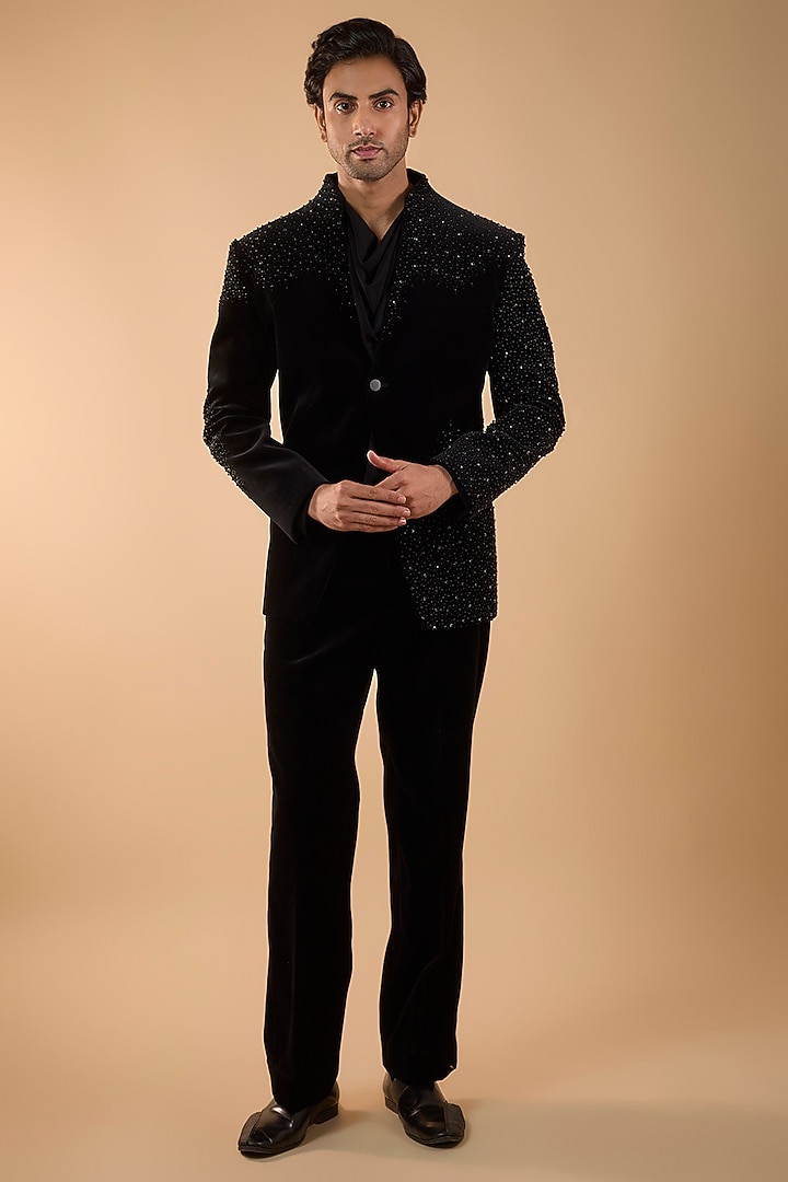 Black Velvet Tuxedo Set by Jayesh and Kaajal Shah Men at Pernia's Pop Up Shop
