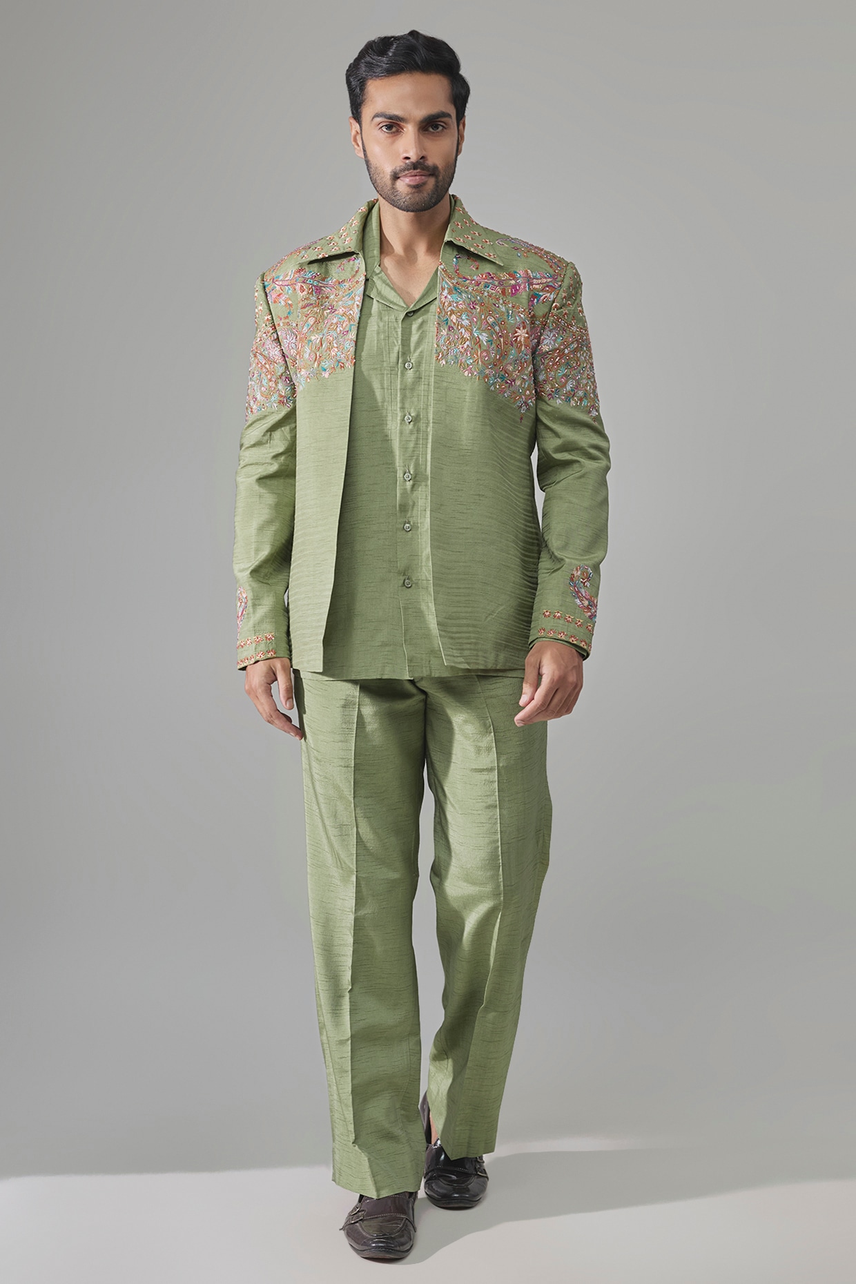 Jayesh and Kaajal Shah Sage Green Raw Silk Jacket Set
