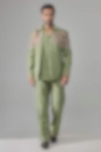 Sage Green Raw Silk Jacket Set by Jayesh and Kaajal Shah Men at Pernia's Pop Up Shop
