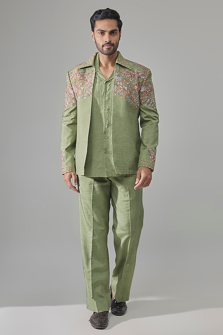 Sage Green Raw Silk Jacket Set by Jayesh and Kaajal Shah Men at Pernia's Pop Up Shop