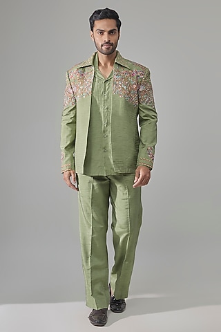 Sage Green Raw Silk Jacket Set by Jayesh and Kaajal Shah Men