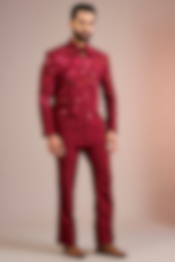 Maroon Silk Bomber Jacket Set by Jayesh and Kaajal Shah Men at Pernia's Pop Up Shop