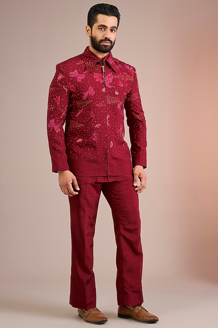 Maroon Silk Bomber Jacket Set by Jayesh and Kaajal Shah Men at Pernia's Pop Up Shop