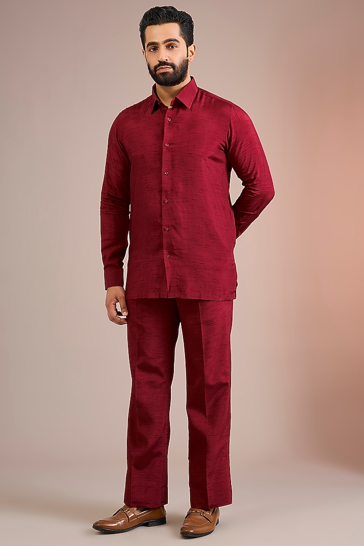 Maroon Silk Bomber Jacket Set by Jayesh and Kaajal Shah Men at Pernia's Pop Up Shop