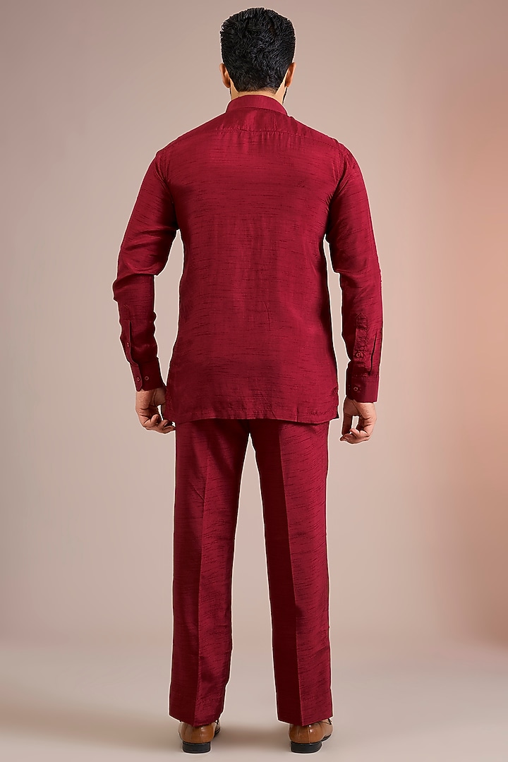 Maroon Silk Bomber Jacket Set by Jayesh and Kaajal Shah Men at Pernia's Pop Up Shop