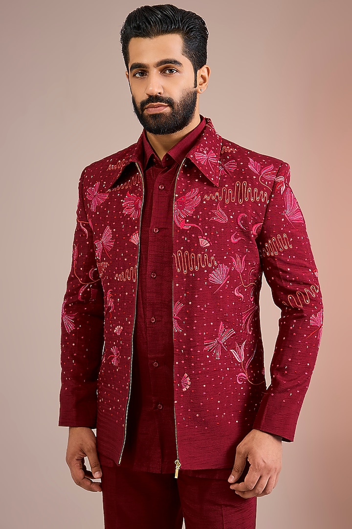 Maroon Silk Bomber Jacket Set by Jayesh and Kaajal Shah Men at Pernia's Pop Up Shop