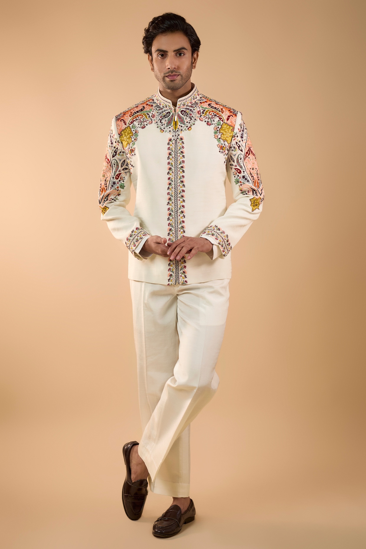 Jayesh and Kaajal Shah Ivory Silk Jacket Set