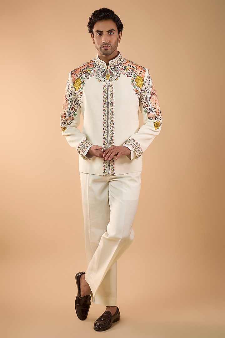 Ivory Silk Jacket Set by Jayesh and Kaajal Shah Men at Pernia's Pop Up Shop
