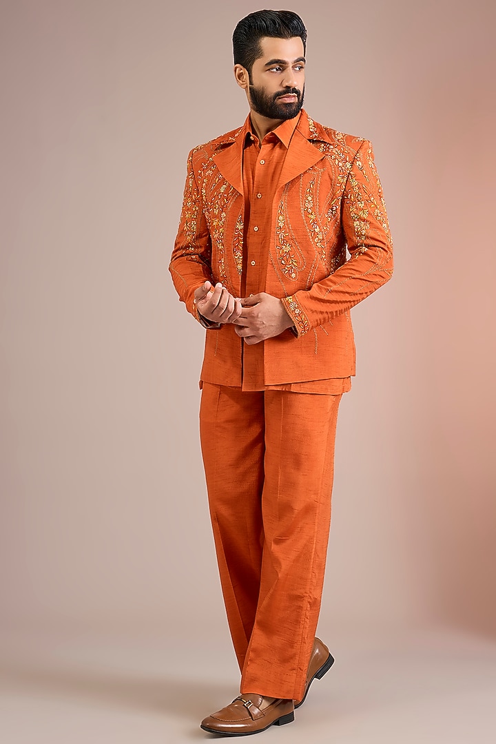 Rust Silk Bomber Jacket Set by Jayesh and Kaajal Shah Men at Pernia's Pop Up Shop