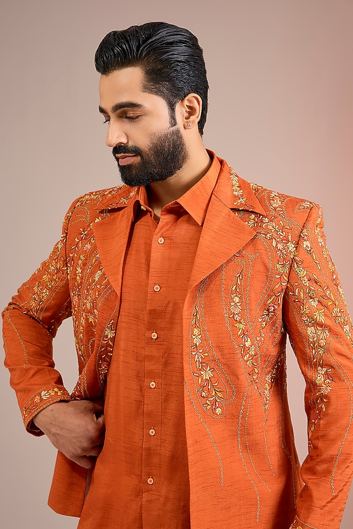 Rust Silk Bomber Jacket Set by Jayesh and Kaajal Shah Men at Pernia's Pop Up Shop