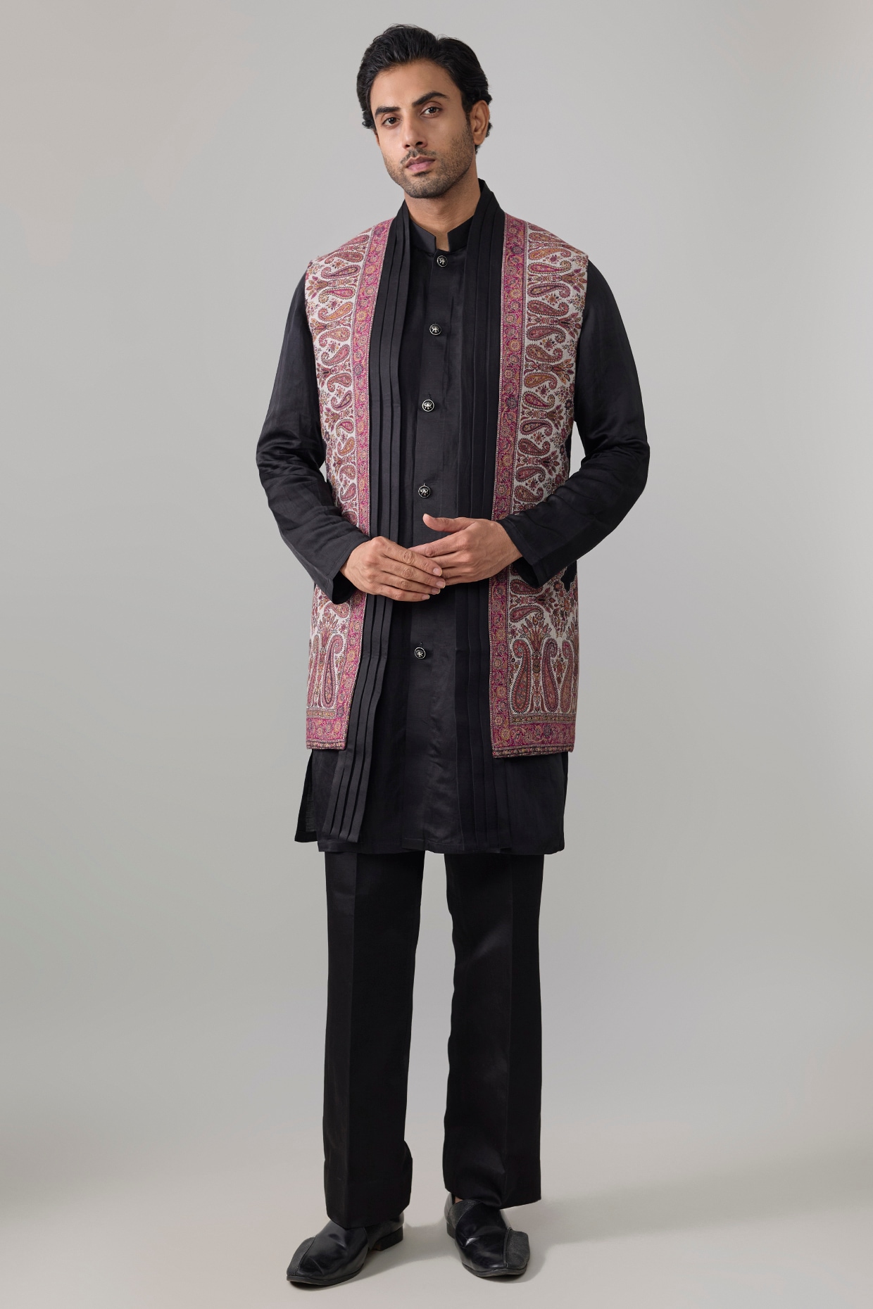 Jayesh and Kaajal Shah Black Silk Bundi Jacket Set