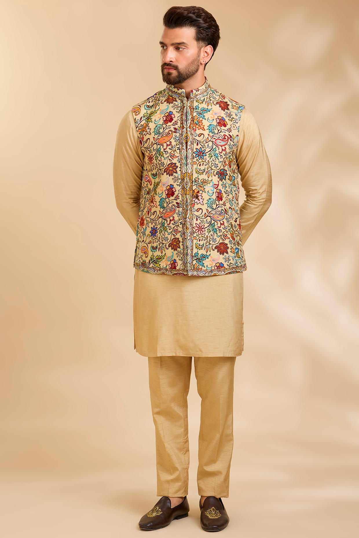 Jayesh and Kaajal Shah Lemon Yellow Silk Bundi Jacket Set