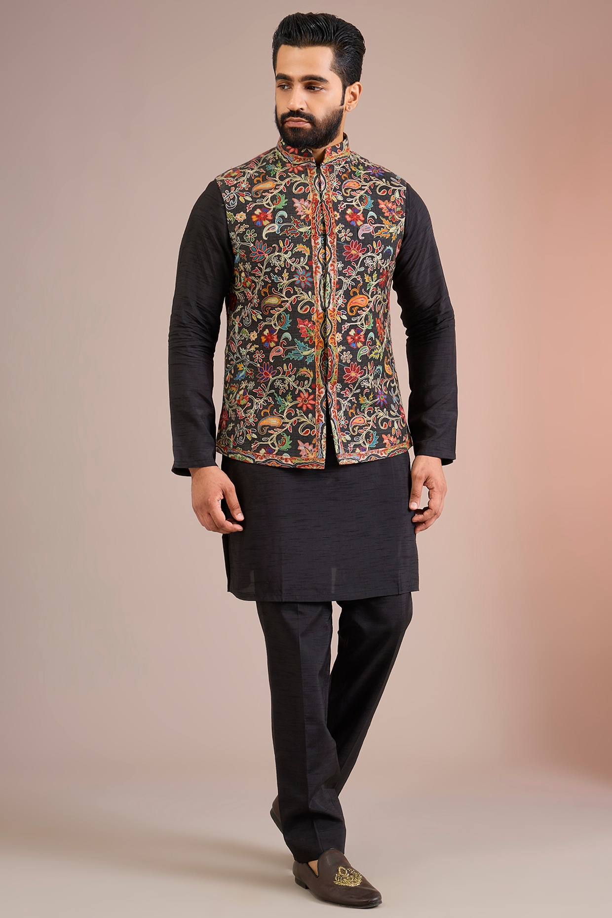 Jayesh and Kaajal Shah Black Silk Bundi Jacket Set