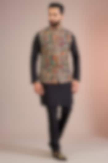 Black Silk Bundi Jacket Set by Jayesh and Kaajal Shah Men at Pernia's Pop Up Shop