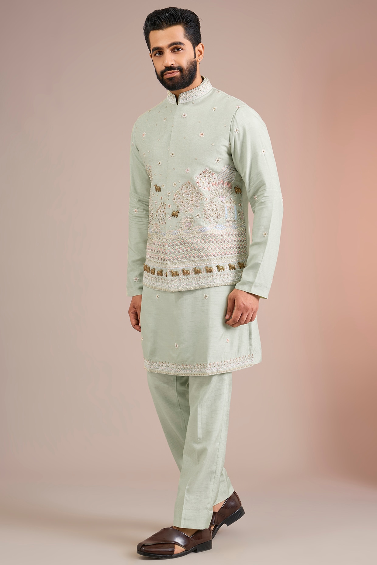 Jayesh and Kaajal Shah Mint Silk Bundi Jacket Set
