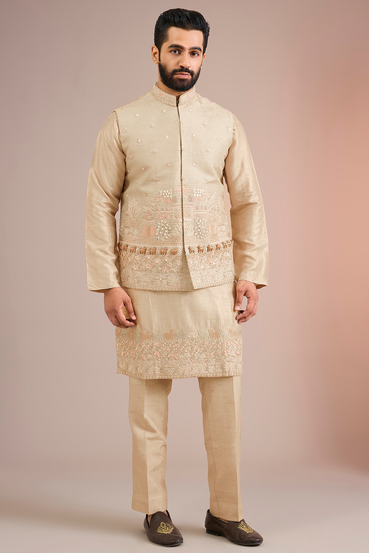Jayesh and Kaajal Shah Golden Silk Bundi Jacket Set
