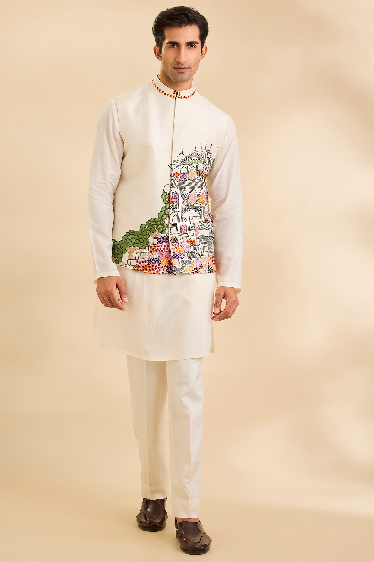 Jayesh and Kaajal Shah Cream Silk Bundi Jacket Set