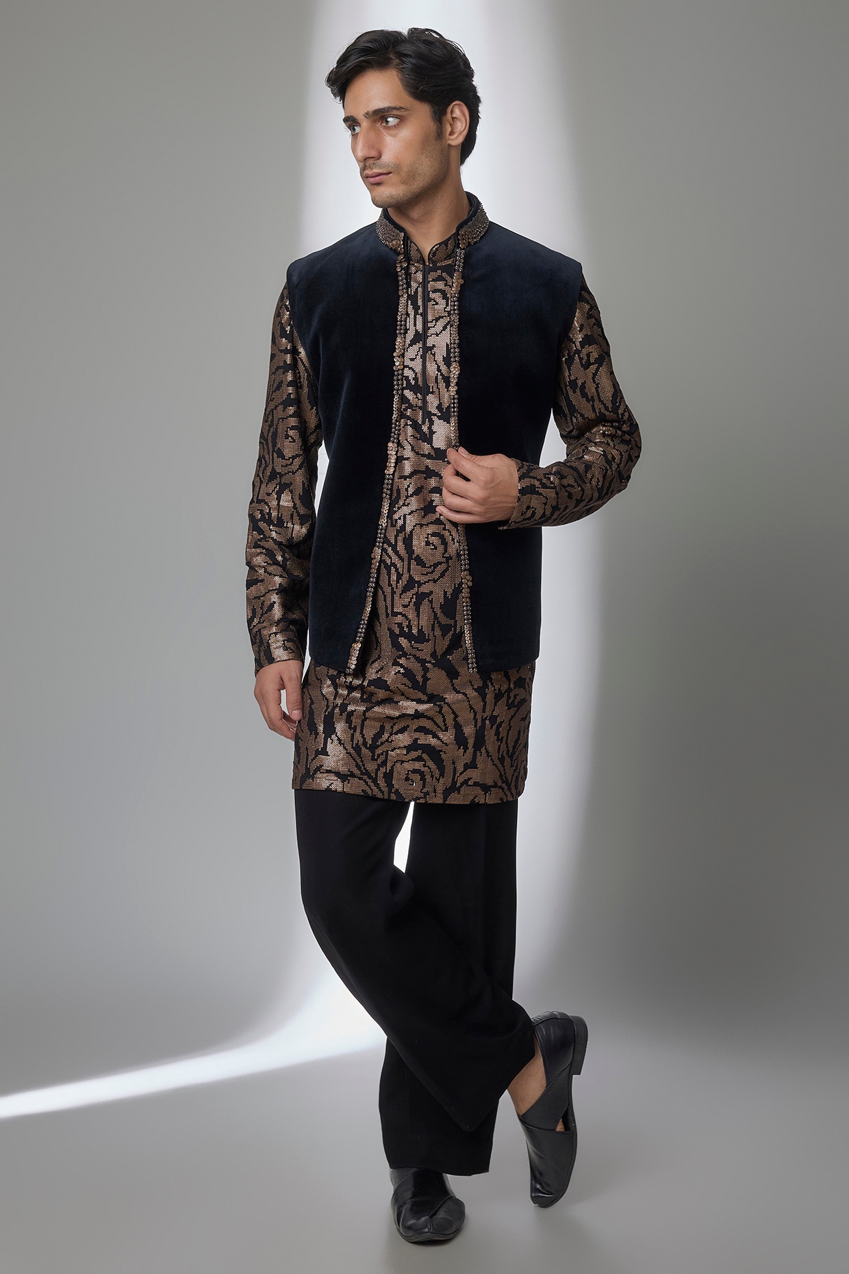 Jayesh and Kaajal Shah Black Velvet Bundi Jacket Set
