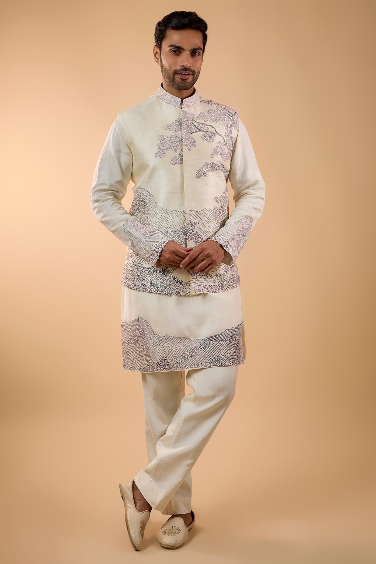 Jayesh and Kaajal Shah Cream Silk Bundi Jacket Set