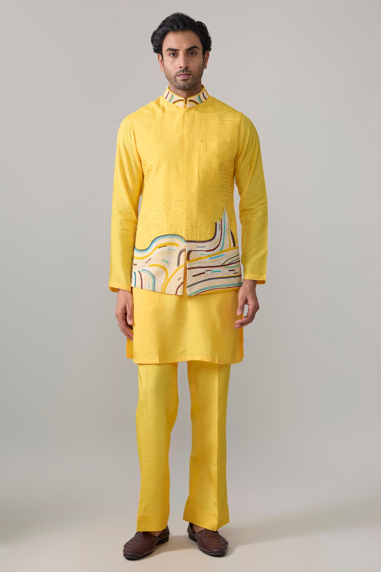 Jayesh and Kaajal Shah Yellow Silk Bundi Jacket Set