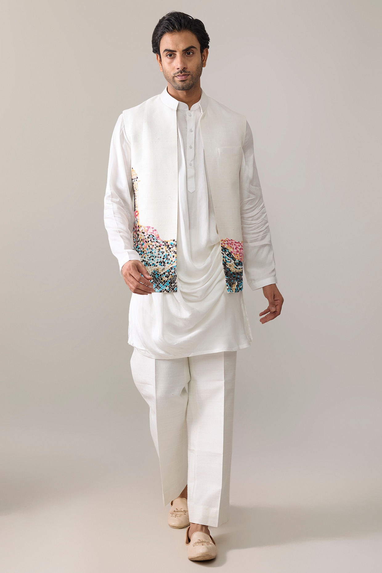 Jayesh and Kaajal Shah Cream Silk Bundi Jacket Set