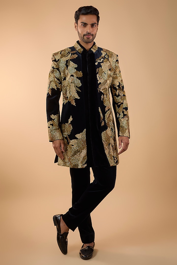 Black Velvet Groom Indowestern Set by Jayesh and Kaajal Shah Men at Pernia's Pop Up Shop