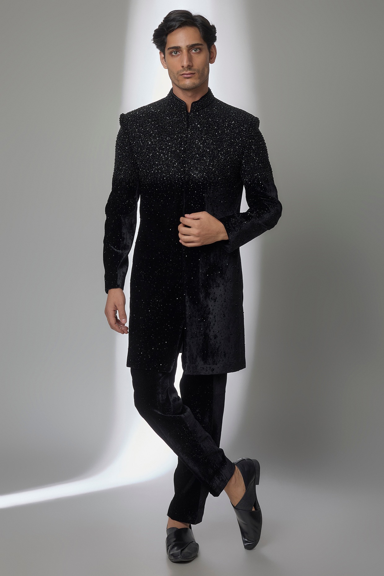 Jayesh and Kaajal Shah Black Velvet Indowestern Set