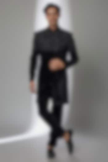 Black Velvet Groom Indowestern Set by Jayesh and Kaajal Shah Men at Pernia's Pop Up Shop
