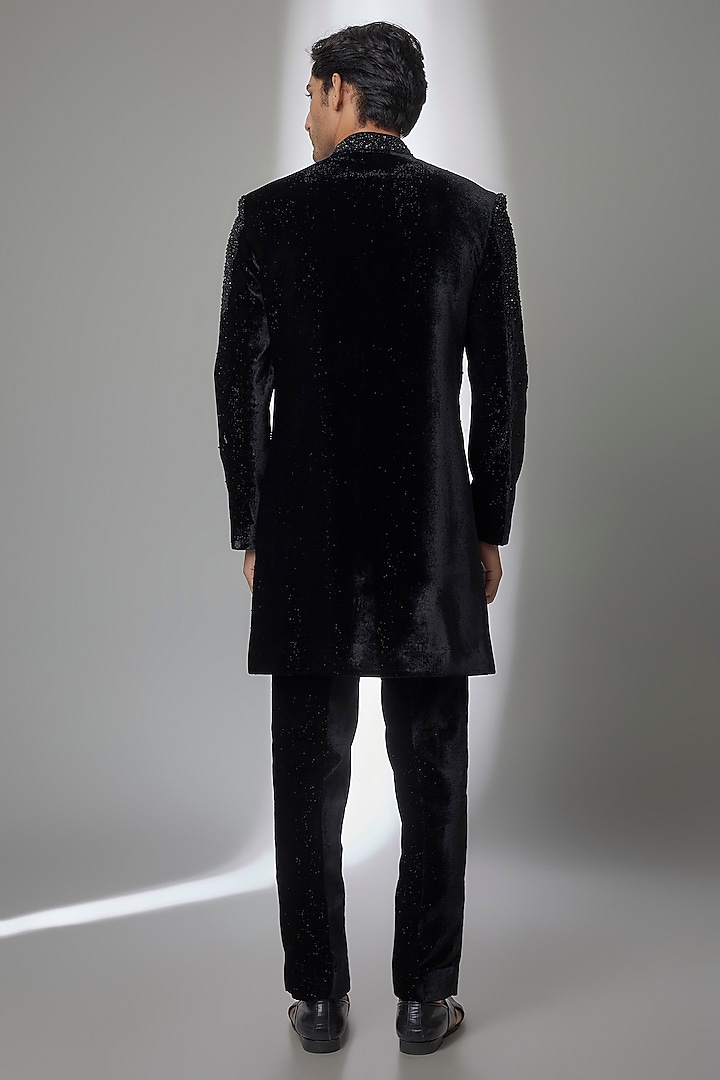 Black Velvet Groom Indowestern Set by Jayesh and Kaajal Shah Men at Pernia's Pop Up Shop