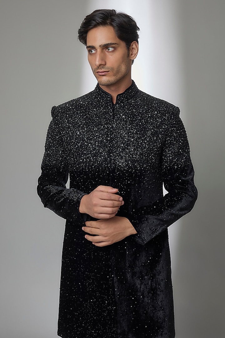 Black Velvet Groom Indowestern Set by Jayesh and Kaajal Shah Men at Pernia's Pop Up Shop