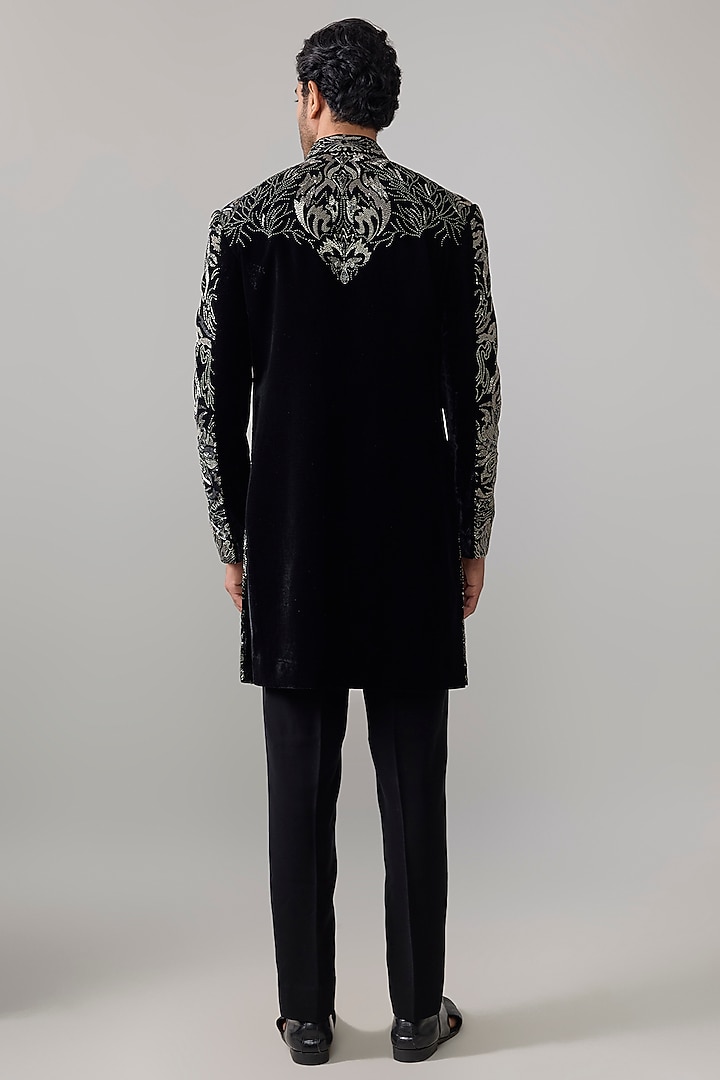 Black Velvet Groom Indowestern Set by Jayesh and Kaajal Shah Men at Pernia's Pop Up Shop