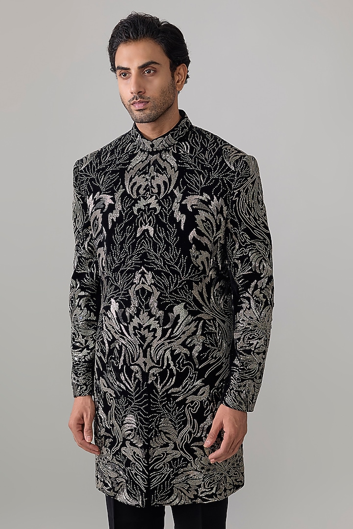 Black Velvet Groom Indowestern Set by Jayesh and Kaajal Shah Men at Pernia's Pop Up Shop