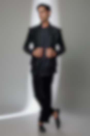 Black Velvet Groom Indowestern Set by Jayesh and Kaajal Shah Men at Pernia's Pop Up Shop