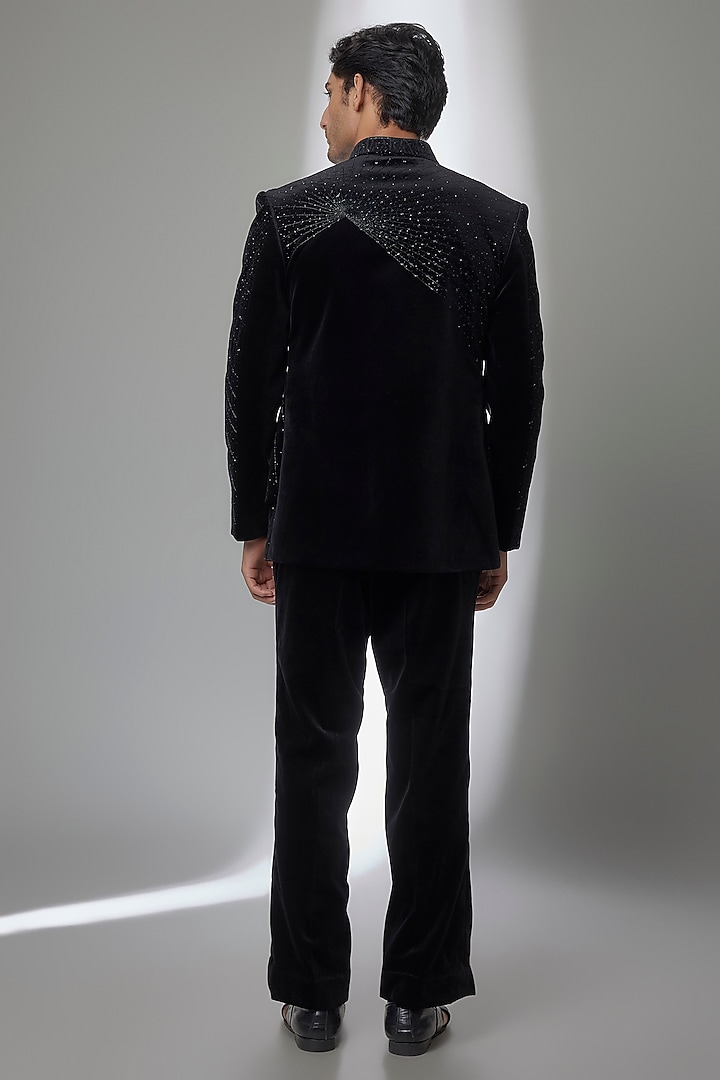 Black Velvet Groom Indowestern Set by Jayesh and Kaajal Shah Men at Pernia's Pop Up Shop