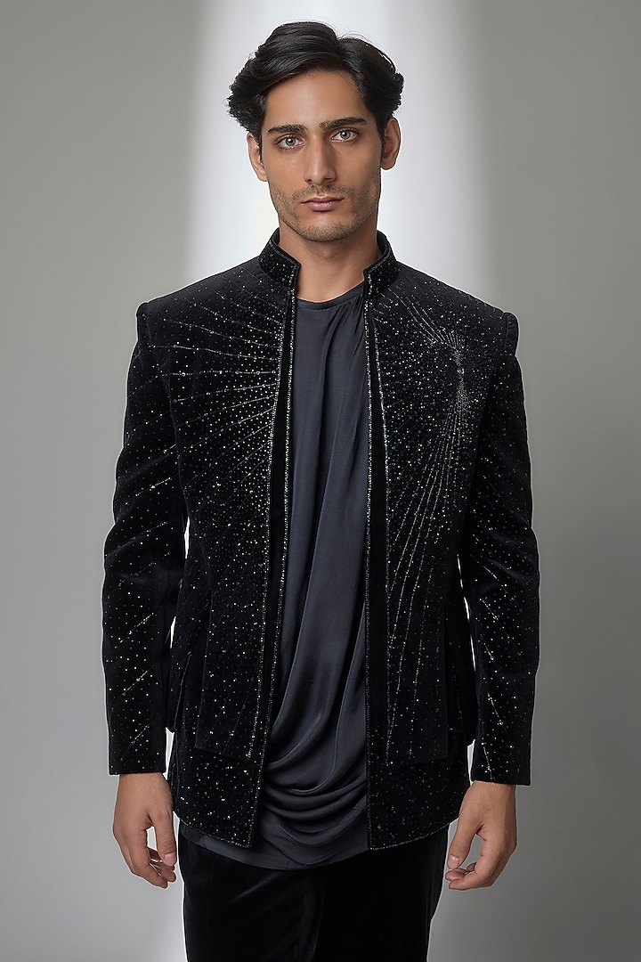 Black Velvet Groom Indowestern Set by Jayesh and Kaajal Shah Men at Pernia's Pop Up Shop