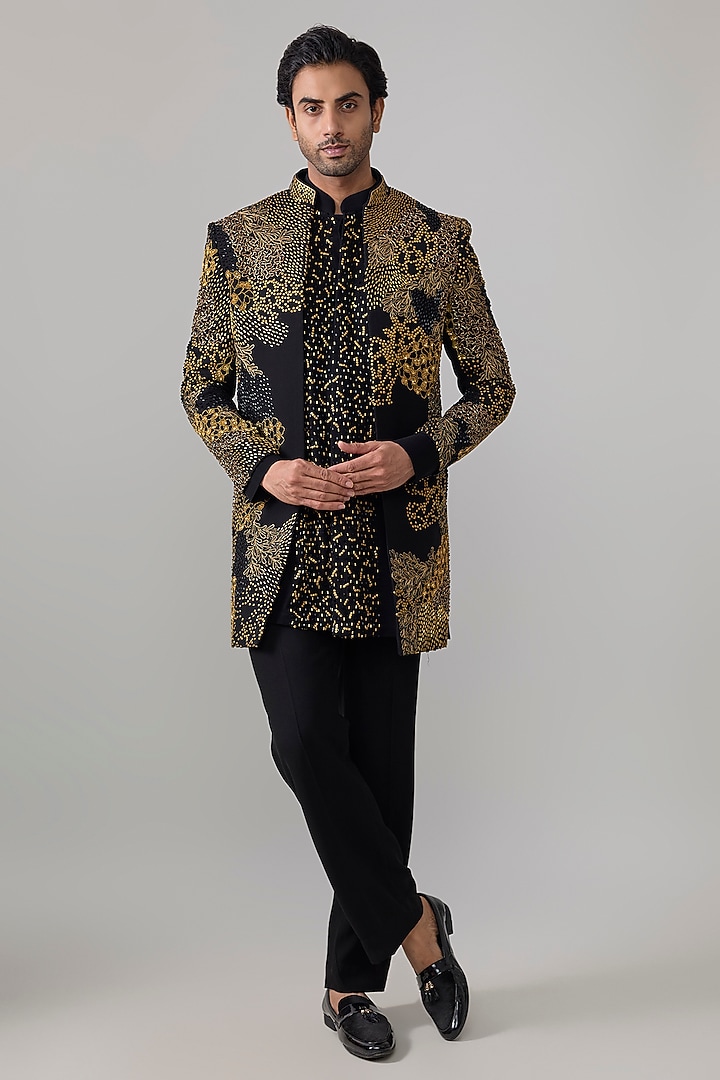 Black Suiting Groom Indowestern Jacket Set by Jayesh and Kaajal Shah Men at Pernia's Pop Up Shop