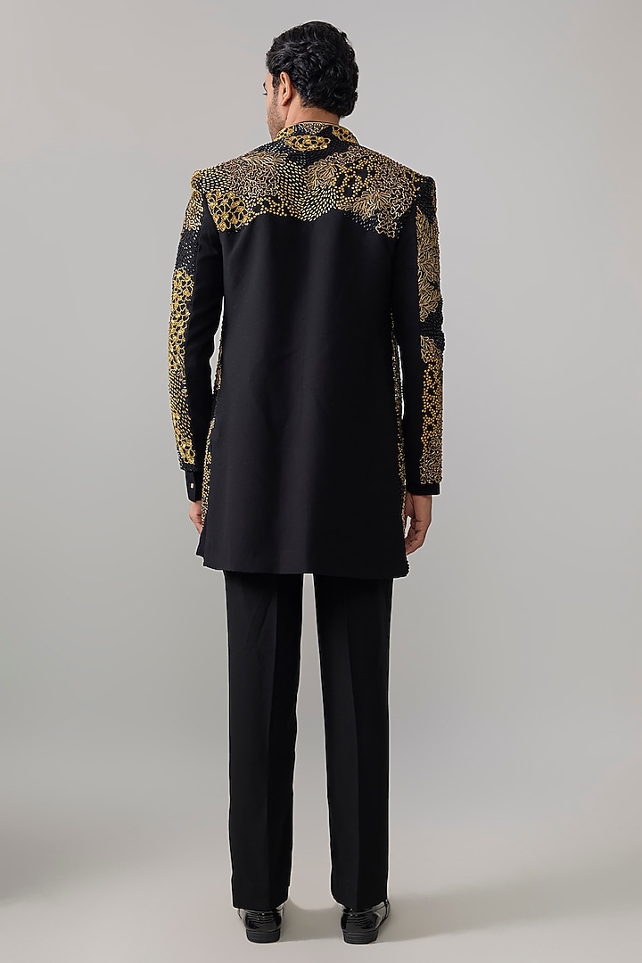 Black Suiting Groom Indowestern Jacket Set by Jayesh and Kaajal Shah Men at Pernia's Pop Up Shop